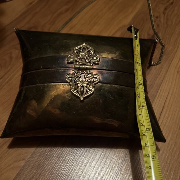 Vtg Brass Pillow Purse Square Copper Art Deco Handbag Chain Shoulder Strap Latch - Picture 11 of 15
